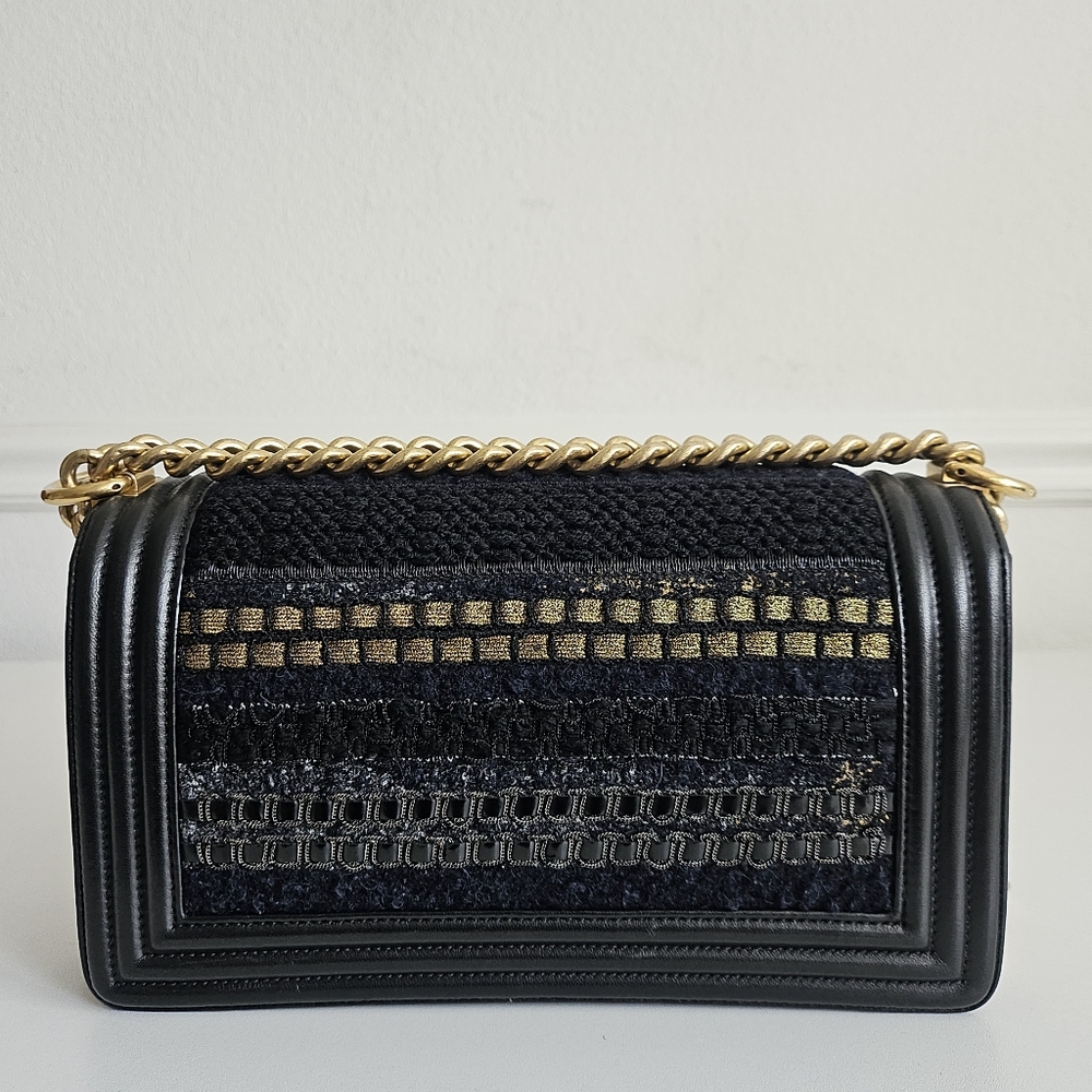 Chanel Black Lambskin Metallic Tweed Embroidered Medium Boy Bag - Picture 3 of 14